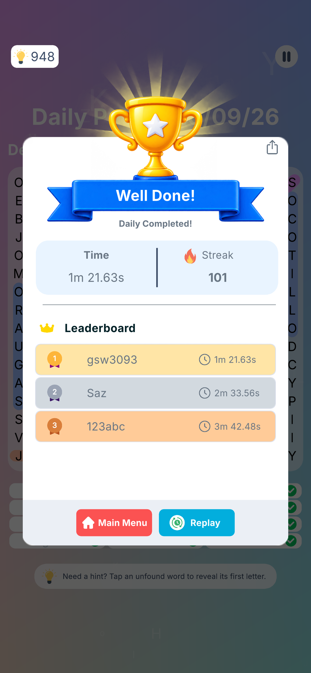 WordSee daily puzzle result
